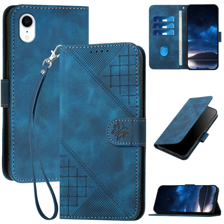YX0080 Grid Butterfly Embossed Pattern Flip Leather Phone Case with Lanyard