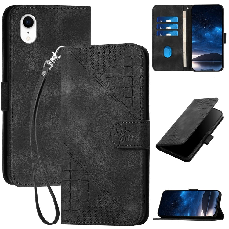 YX0080 Grid Butterfly Embossed Pattern Flip Leather Phone Case with Lanyard