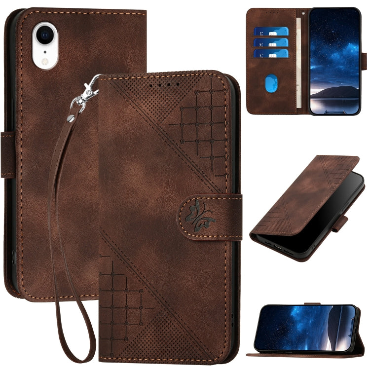 YX0080 Grid Butterfly Embossed Pattern Flip Leather Phone Case with Lanyard