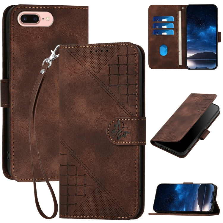 YX0080 Grid Butterfly Embossed Pattern Flip Leather Phone Case with Lanyard