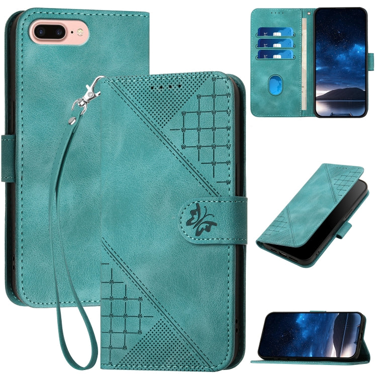 YX0080 Grid Butterfly Embossed Pattern Flip Leather Phone Case with Lanyard