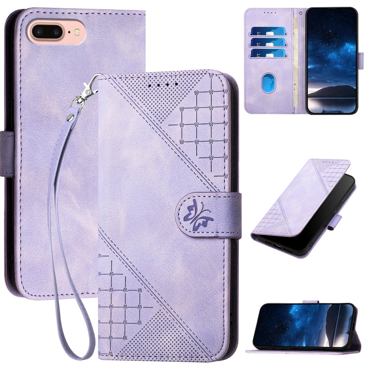 YX0080 Grid Butterfly Embossed Pattern Flip Leather Phone Case with Lanyard