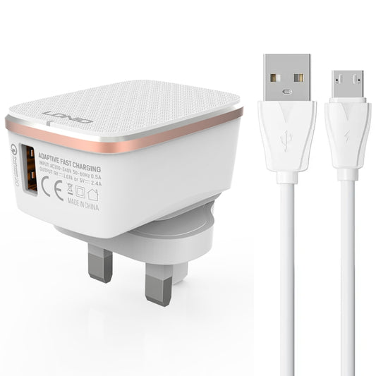 LDNIO A1204Q QC3.0 18W USB Fast Charger with 1m USB to Micro USB Cable, EU Plug, UK Plug, AU Plug