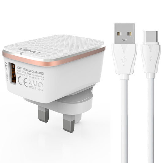 LDNIO A1204Q QC3.0 18W USB Fast Charger with 1m USB to USB-C / Type-C Cable, EU Plug, UK Plug, US Plug