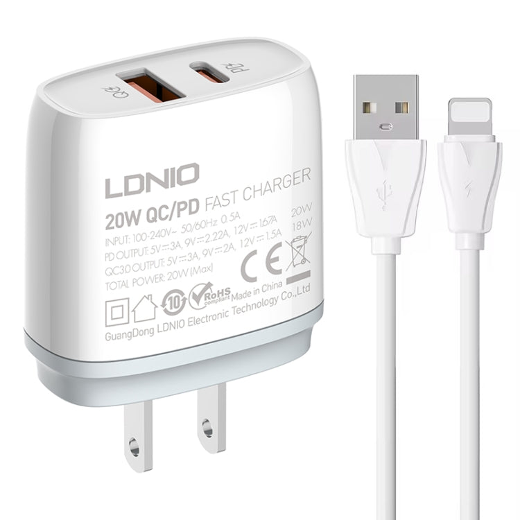 LDNIO Q229 QC3.0 / PD20W USB + Type-C Fast Charger with 1m USB to 8 Pin Cable, EU Plug, UK Plug, US Plug
