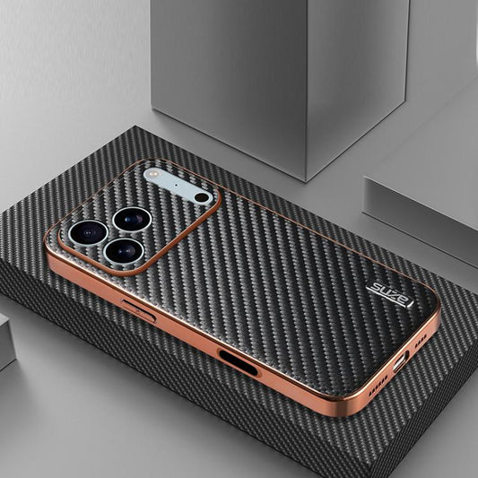 AZNS Galvanisierter Rand Carbonfaser-Textur Handyhülle, Für iPhone 17e / 16e, Für iPhone 17 Pro Max, Für iPhone 17 Pro, Für iPhone 17, Für iPhone Air, Für iPhone 16 Pro Max, Für iPhone 16 Pro, Für iPhone 16 Plus, Für iPhone 16, Für iPhone 15 Pro Max ...
