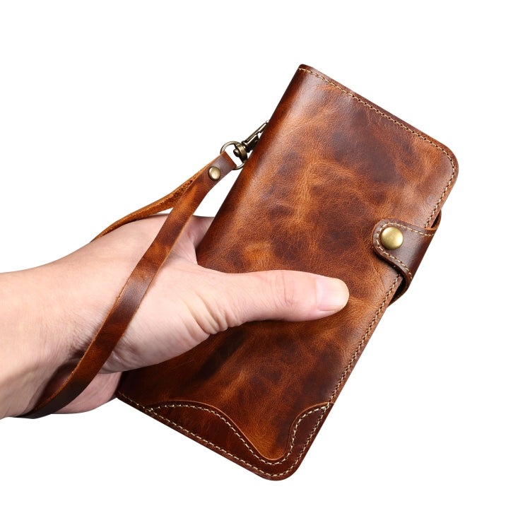 Denior B01 Oil Wax Cowhide Magnetic Button Genuine Leather Case, For iPhone 17e / 16e, For iPhone 16 Pro Max, For iPhone 16 Pro, For iPhone 16 Plus, For iPhone 16