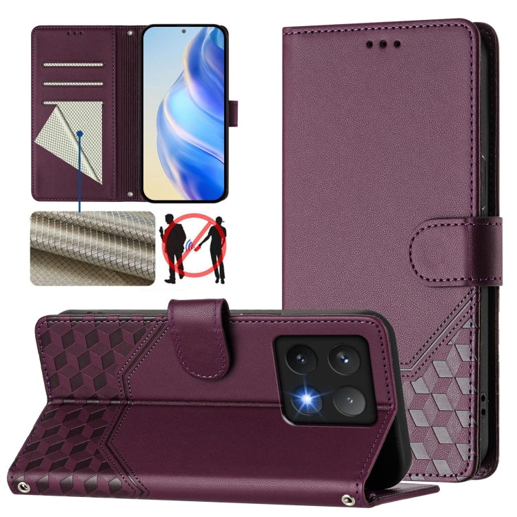Étui de téléphone en cuir RFID avec gaufrage nid d'abeille, pour Redmi 15 5G Global / 15 4G SEA 169.5mm, pour Xiaomi 15T Pro 5G, pour Xiaomi 15T 5G, pour Xiaomi Civi 5 Pro 5G, pour Xiaomi 15S Pro 5G, pour Xiaomi Poco M6 Plus / Redmi 13x 4G
