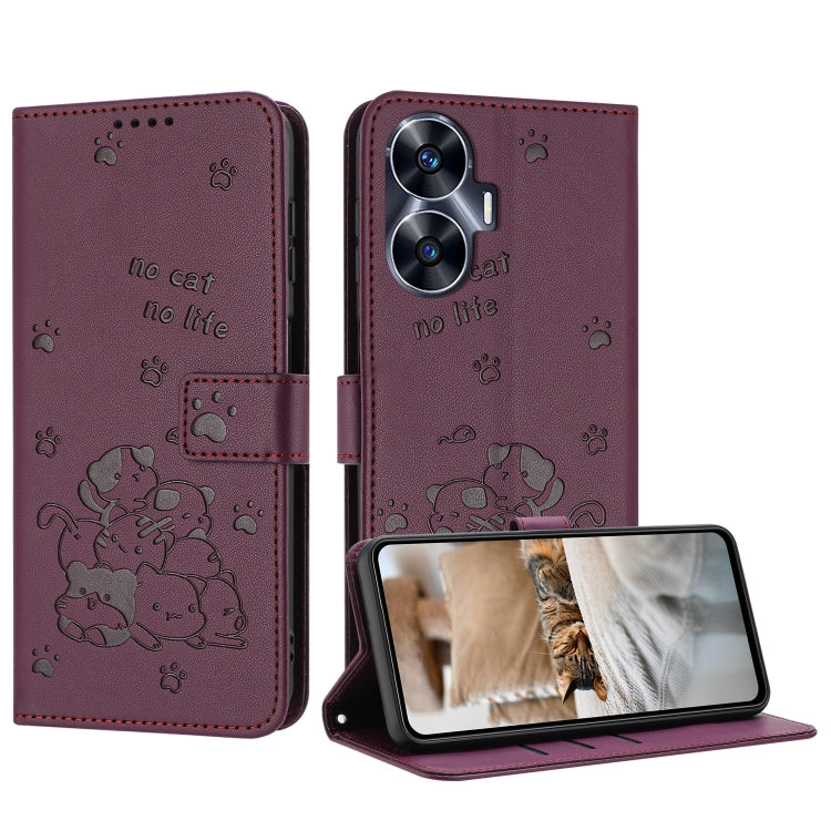 Étui en cuir gaufré chat pour téléphone avec cordon, pour Realme 13 Pro 5G Global, pour Realme 12 5G / 12x 5G Global, pour Realme 12+ 5G Global / 12 4G, pour Realme C67 4G Global, pour Realme 12 Pro+ / 12 Pro, pour Realme C53 / Narzo N53