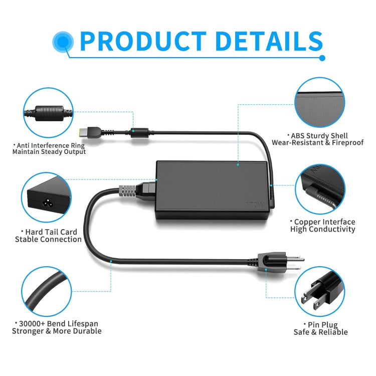 170W 20V 8.5A Laptop Notebook Power Adapter with Big Square USB Port For Lenovo Thinkpad / ThinkBook / Xiaoxin