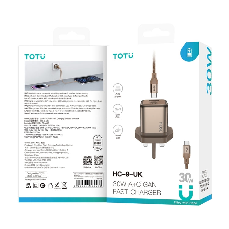 TOTUDESIGN HC-9 30W USB-A to Type-C GaN Fast Charger, UK Plug with Type-C to Type-C Cable, UK Plug with Type-C to 8 Pin Cable