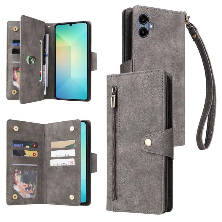 Rivet Buckle 9 Cards Three Fold Leather Phone Case, For Galaxy A57 5G, For Galaxy A37 5G, For Galaxy A27 5G, For Galaxy A07 4G / 5G, For Galaxy A17 5G, For Galaxy A56 5G, For Galaxy A26 5G, For Galaxy A36 5G, For Galaxy A16 5G, For Galaxy A06 4G
