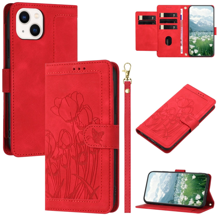 Tulips Embossed Leather Phone Case with Lanyard