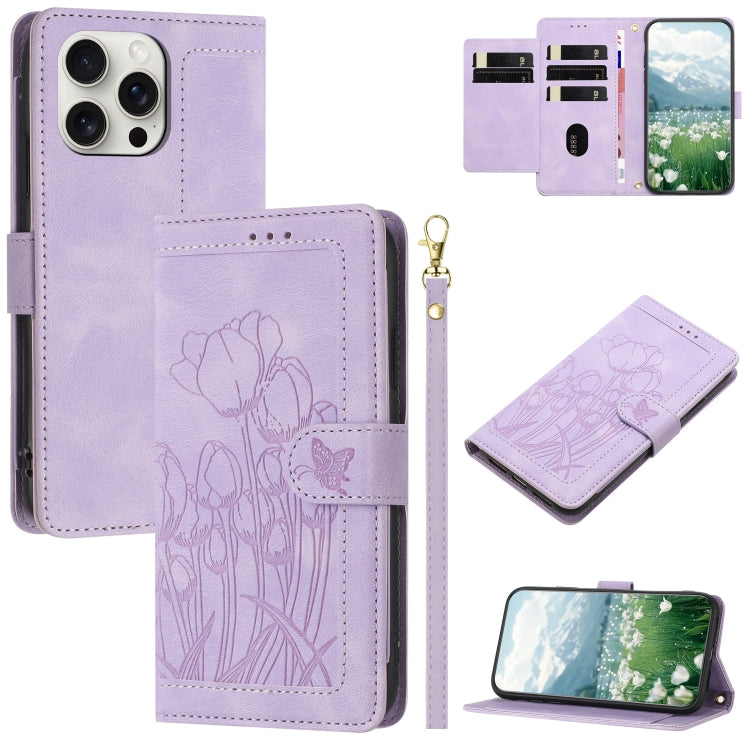 Tulips Embossed Leather Phone Case with Lanyard