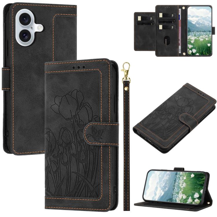 Tulips Embossed Leather Phone Case with Lanyard