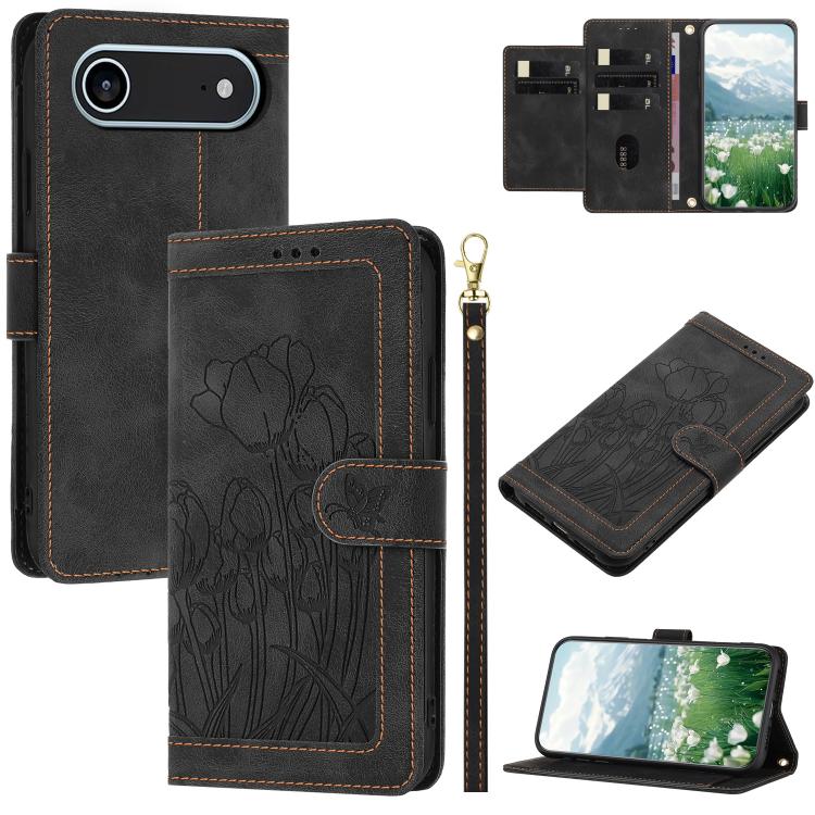Tulips Embossed Leather Phone Case with Lanyard