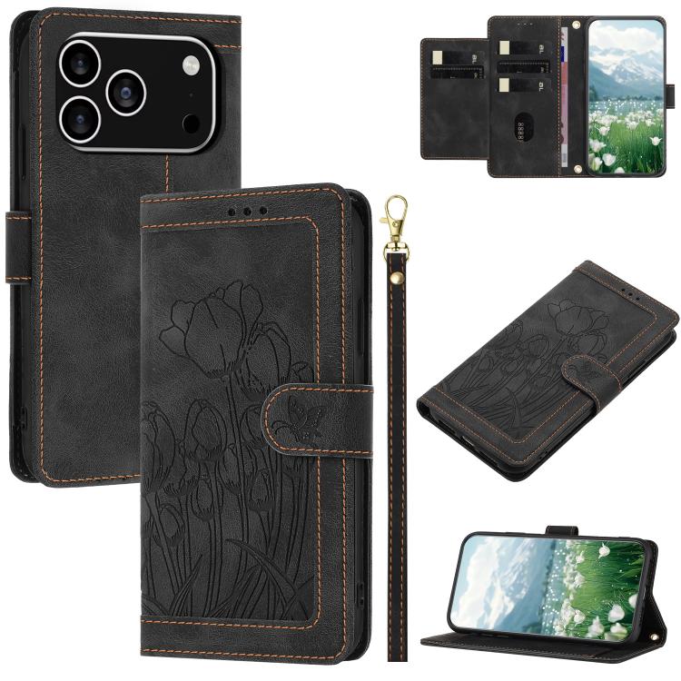 Tulips Embossed Leather Phone Case with Lanyard