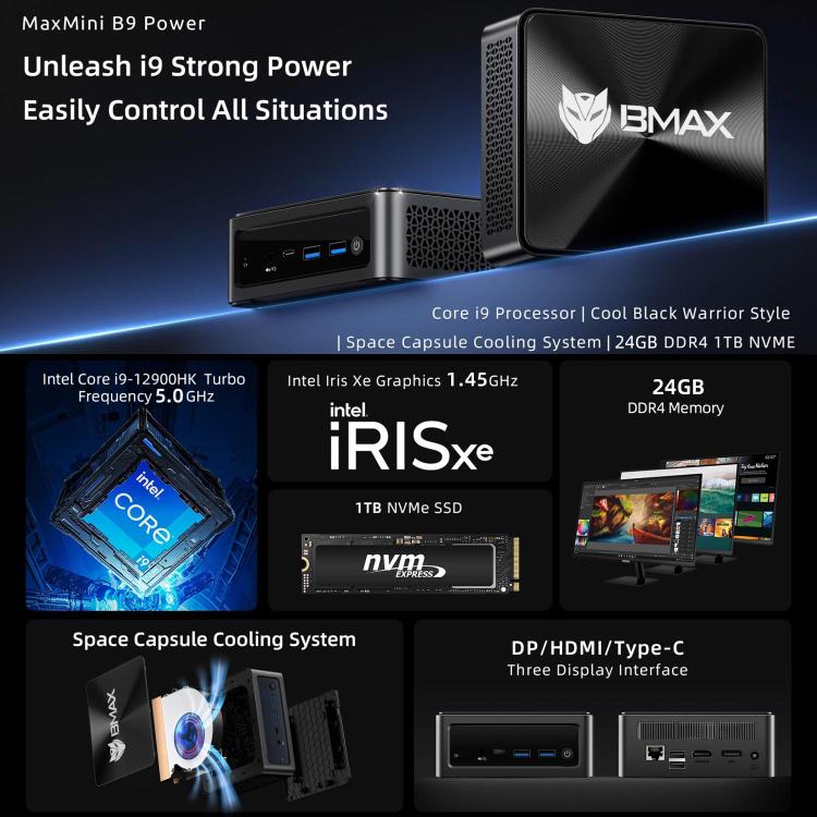 BMAX B9 Power Windows 11 Mini PC, Intel Core i9-12900H, Support 3 Monitors Output