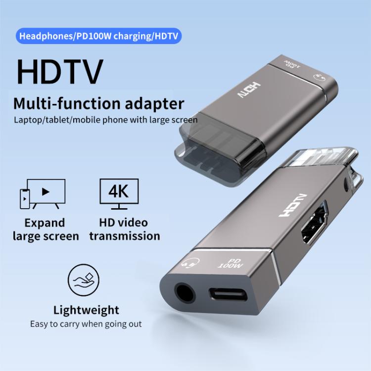 USB-C / Type-C to HDTV, 3.5mm, PD 100W 3 in 1 Multi-function Converter Docking Station, Type-C to HDTV+3.5mm+PD 100W