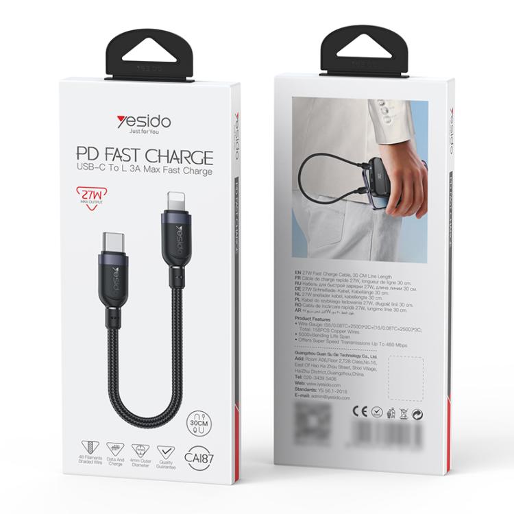 Yesido CA187 27W Type-C to 8 Pin Aluminum Alloy Data Cable, Length: 0.3m
