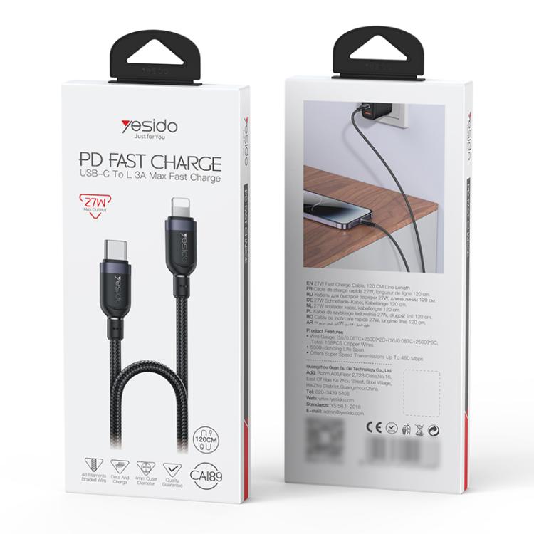 Yesido CA189 27W Type-C to 8 Pin Aluminum Alloy Data Cable, Length: 1.2m