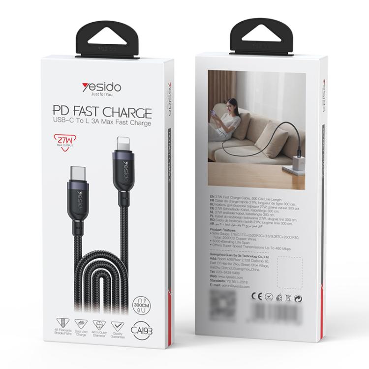 Yesido CA193 27W Type-C to 8 Pin Aluminum Alloy Data Cable, Length: 3m