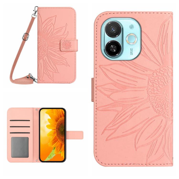 Skin Feel Sun Flower Embossed Flip Leather Phone Case with Lanyard