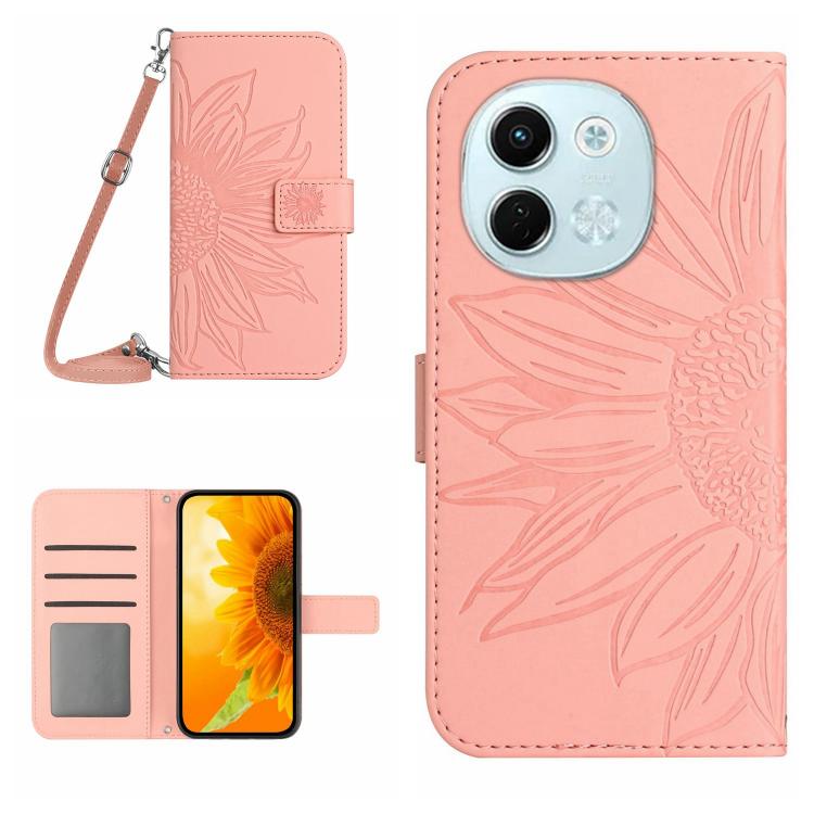 Skin Feel Sun Flower Embossed Flip Leather Phone Case with Lanyard