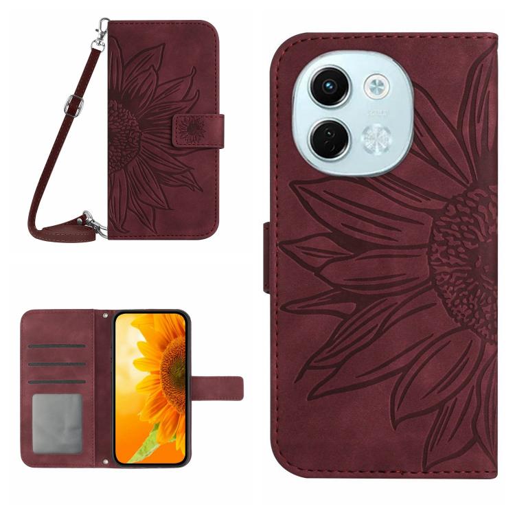 Skin Feel Sun Flower Embossed Flip Leather Phone Case with Lanyard