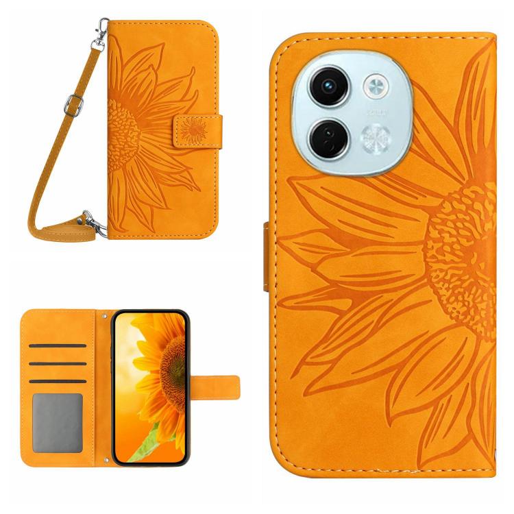 Skin Feel Sun Flower Embossed Flip Leather Phone Case with Lanyard