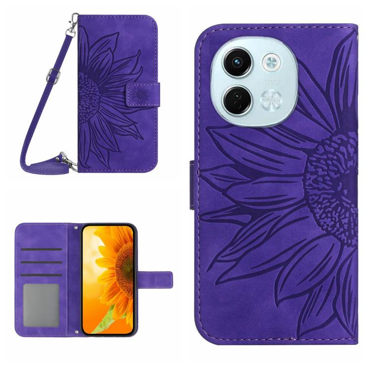 Skin Feel Sun Flower Embossed Flip Leather Phone Case with Lanyard