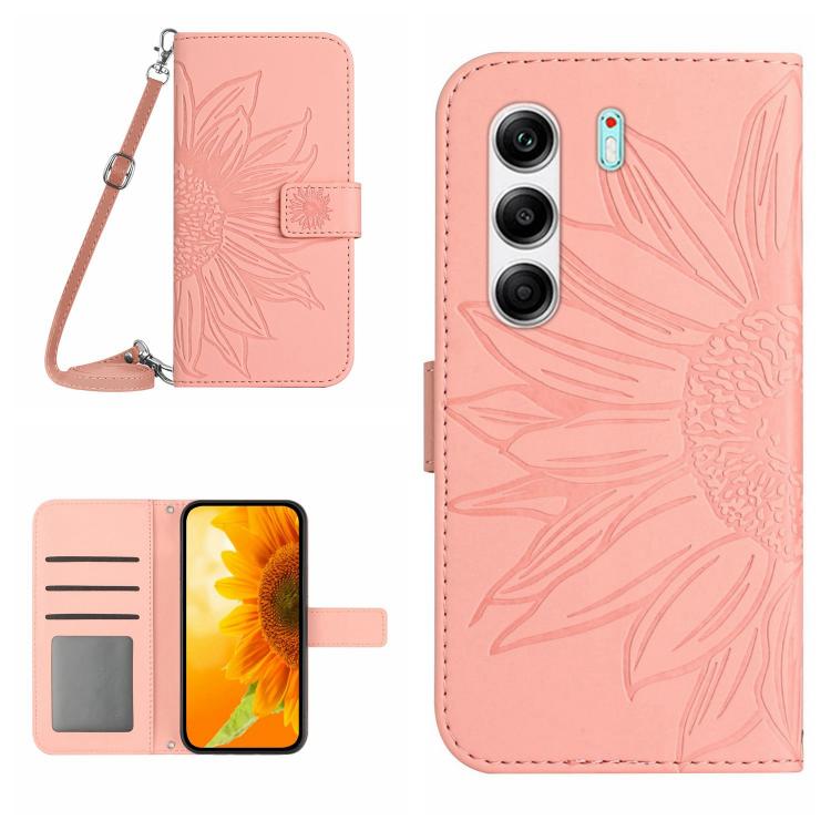 Skin Feel Sun Flower Embossed Flip Leather Phone Case with Lanyard