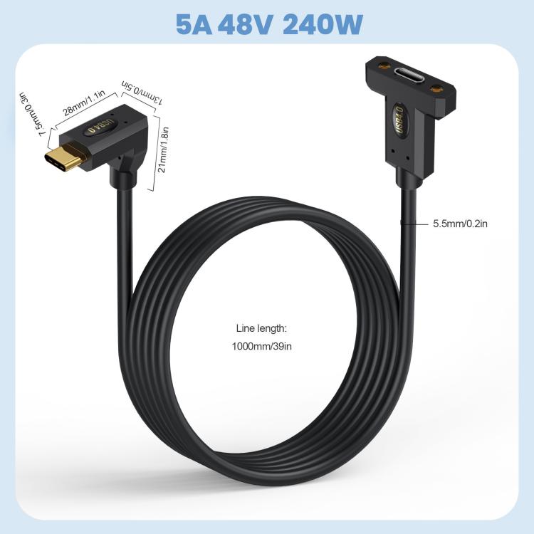 Type-C Straight Elbow to Type-C Female Screw Fixed Panel Extension Cable with Ear, 0.3m, 0.6m, 1m, 1.8m