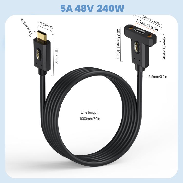 Type-C Male Straight to Type-C Female Screw Fixed Panel Extension Cable with Ear, 0.3m, 0.6m, 1m, 1.8m