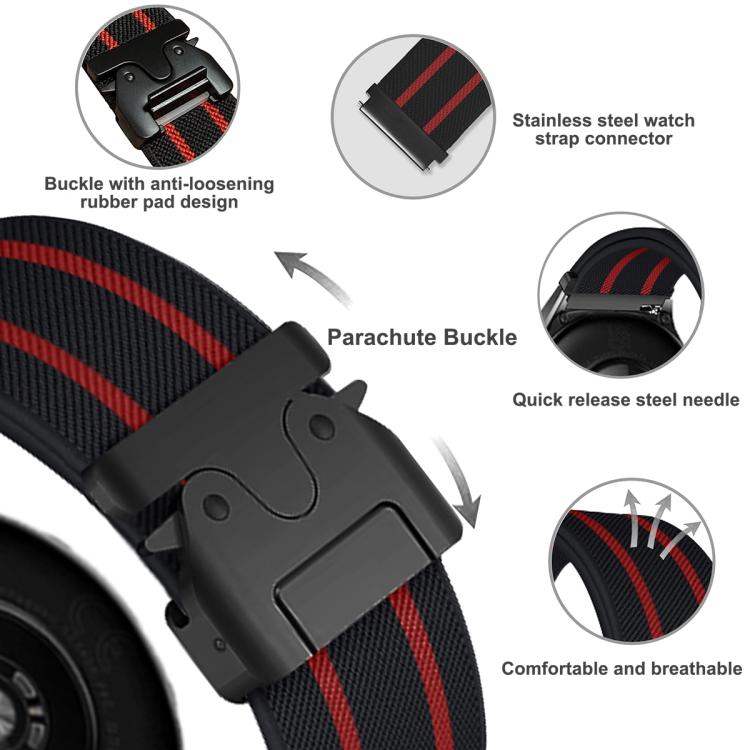Parachute Buckle Stripe Nylon Elastic Braided Watch Band, 22mm