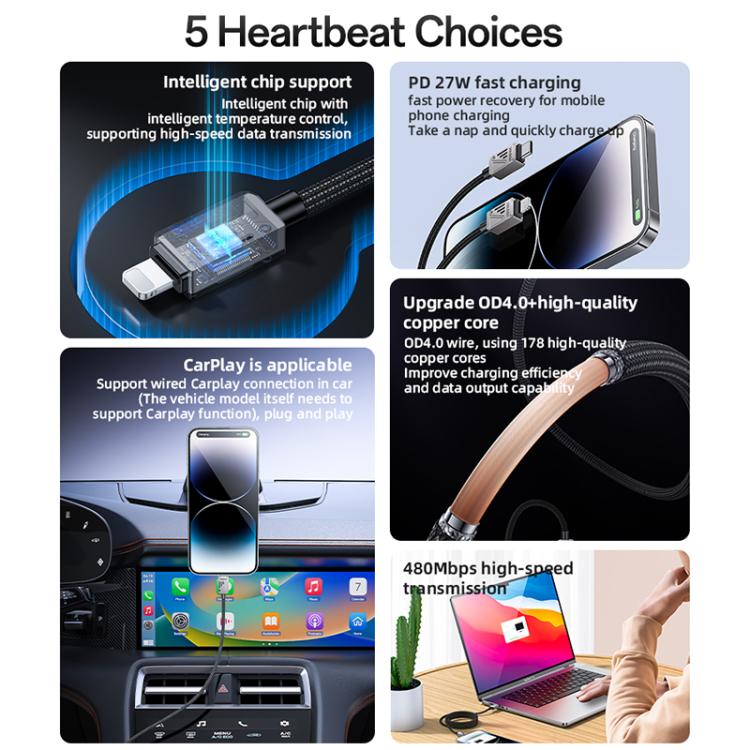 Yesido CA195 27W 3A USB-C / Type-C to 8 Pin Zinc Alloy Data Cable