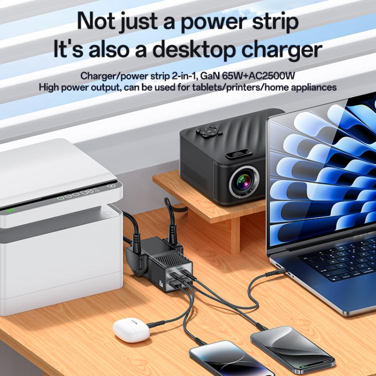 Yesido MC38 65W 6 In 1 Dual Type-C and Dual USB-A with 2 Socket GaN Fast Charging Power Socket