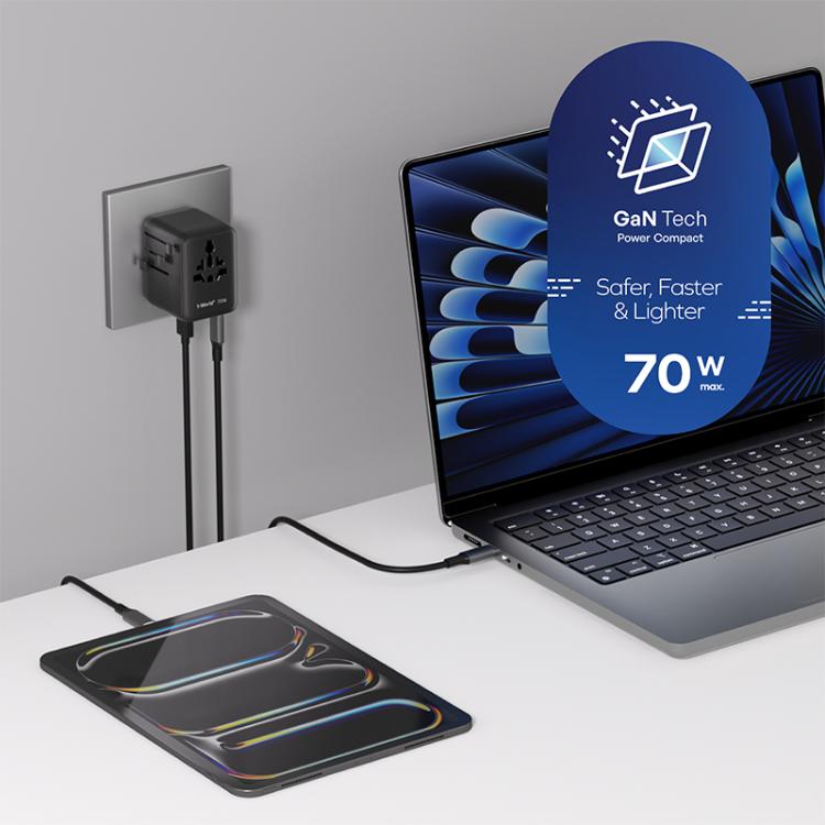 MOMAX UA22 1-World2 70W Dual AC Mini GaN Global Travel Fast Charging Socket, UA22(Black), UA22(Desert Gold)