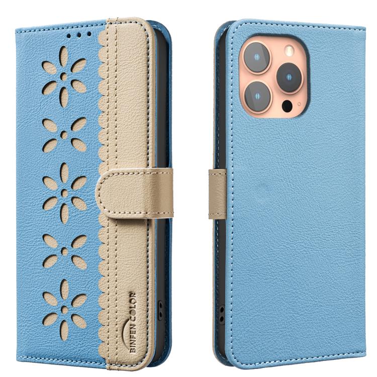 Splicing Color Hollow Flower Pattern RFID Leather Phone Case, For iPhone 16e / 17e, For iPhone 17 Pro Max, For iPhone 17 Pro, For iPhone 17, For iPhone Air, For iPhone 16 Pro Max, For iPhone 16 Pro, For iPhone 16 Plus, For iPhone 16, For iPhone 15 Pro ...