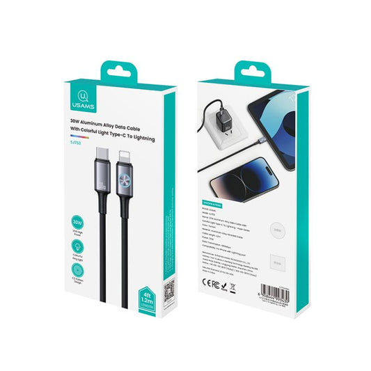 USAMS SJ753 30W Type-C to 8 Pin Aluminum Alloy Data Cable with Colorful Light, Length: 1.2m, SJ753USB01, SJ753USB02