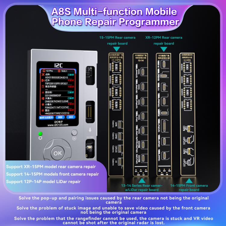 Programmeur de réparation de téléphone multifonction i2C A8S, hôte + carte True Tone 7-15 Pro Max, hôte + carte True Tone 12-15 Plus, hôte