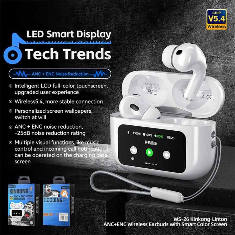 WK WS-26 Liton Series ANC+ENC Wireless Earbuds with Smart Color Screen, WS-26