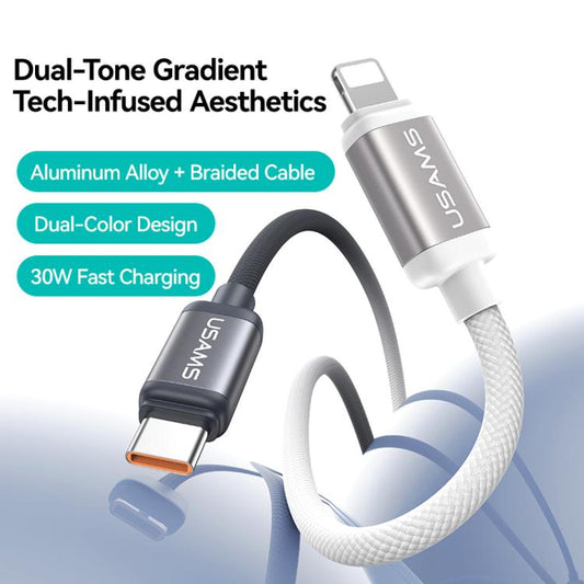 USAMS SJ757 30W Type-C to 8 Pin Dual Color Aluminum Alloy Fast Charging Data Cable, Type-C to 8 Pin