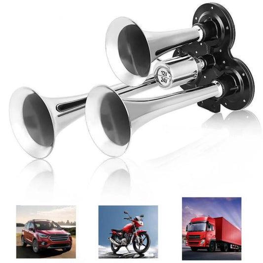 12V / 24V 600dB Car / Truck 3-Trumpet Super Loud Electric Horn, with M6 Air Nozzle and Leather Hose, TZ-311 (Black), TZ-311 (Silver)