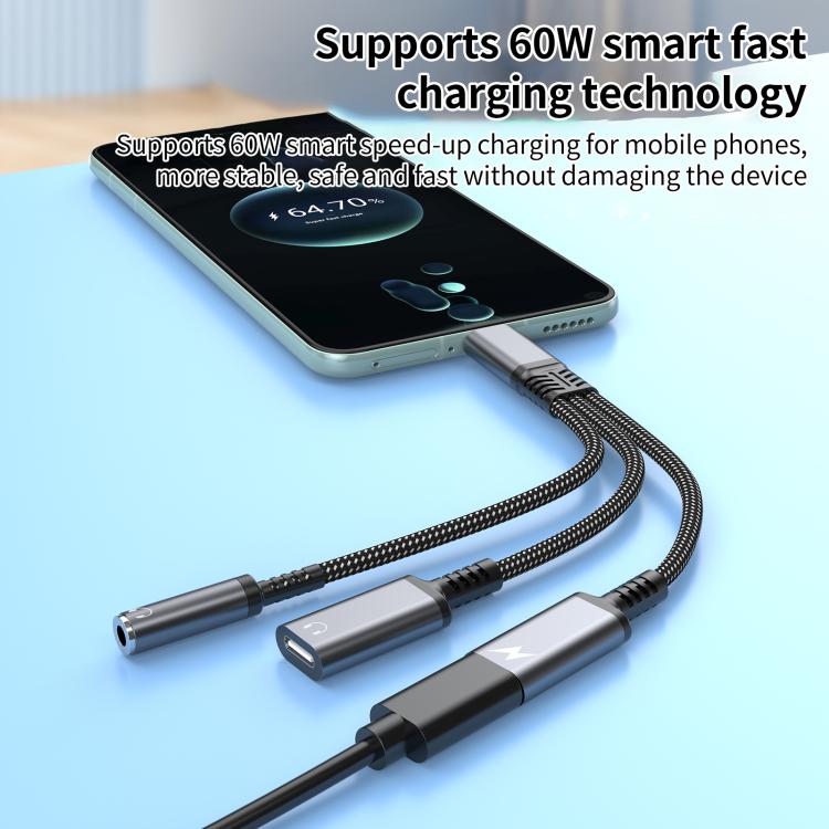 Type-C to 3.5mm and Type-C Charging Audio Adapter Cable, 3 in 1 (Red), 3 in 1 (Grey), 3 in 1 (Black)