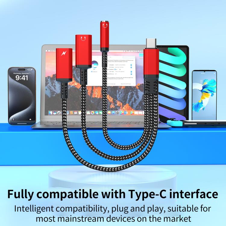 Type-C to 3.5mm and Type-C Charging Audio Adapter Cable, 3 in 1 (Red), 3 in 1 (Grey), 3 in 1 (Black)