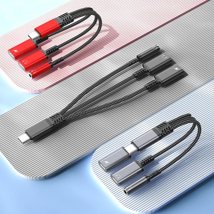 Type-C to 3.5mm and Type-C Charging Audio Adapter Cable, 3 in 1 (Red), 3 in 1 (Grey), 3 in 1 (Black)