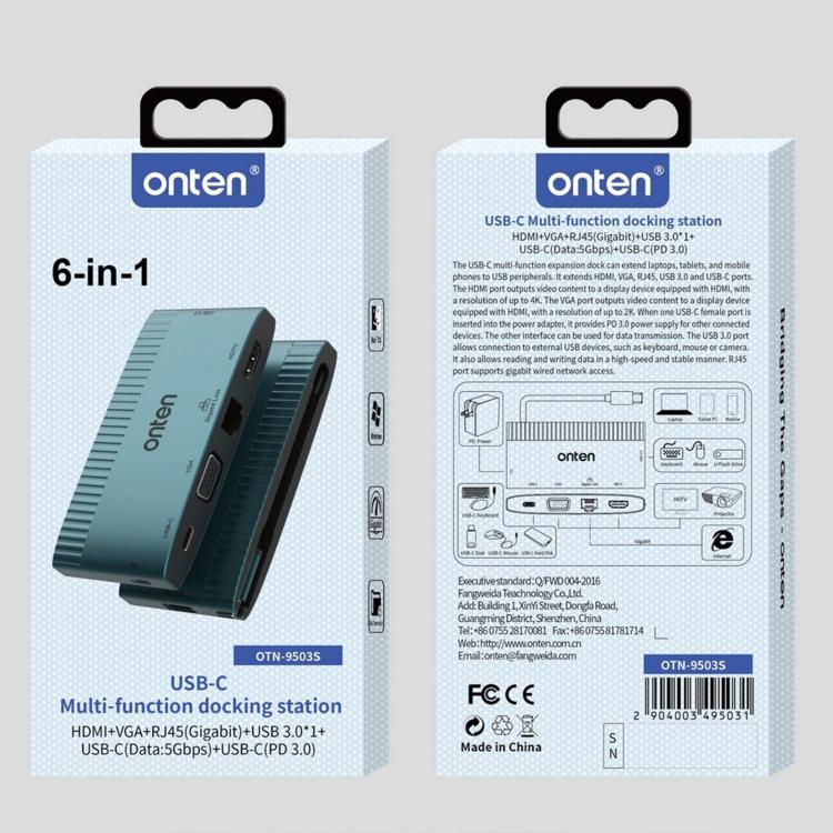 Onten 6 in 1 USB-C Multi-function Docking Station, HDTV+VGA+RJ45 Gigabit +USB-C Data +USB-C PD 3.0+USB 3.0