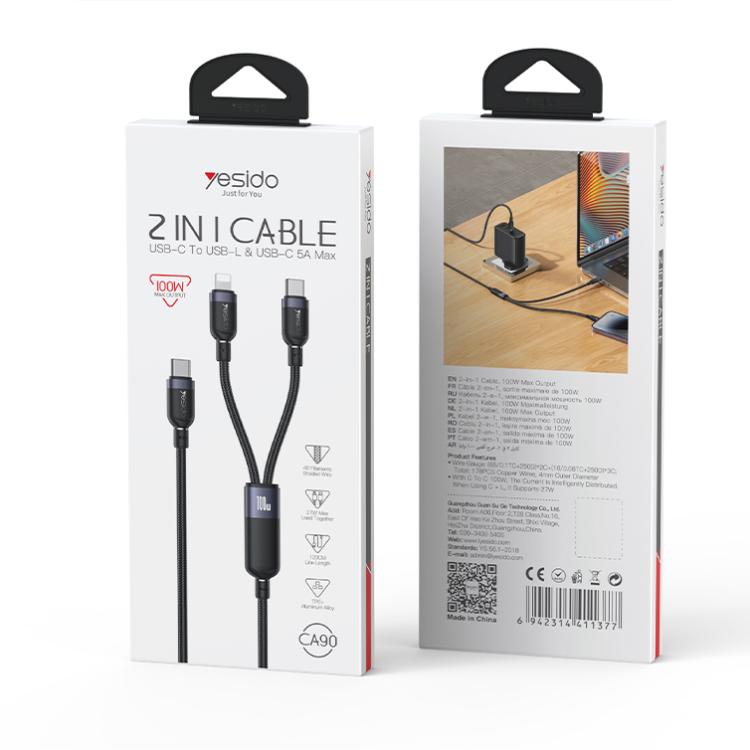 Yesido CA90 100W USB-C / Type-C to 8 Pin, Type-C 2 in 1 Charging Cable