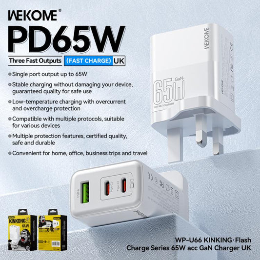WK WP-U66 Kinkong 65W Dual USB-C / Type-C + USB GaN Fast Charger, UK Plug, US Plug, EU Plug